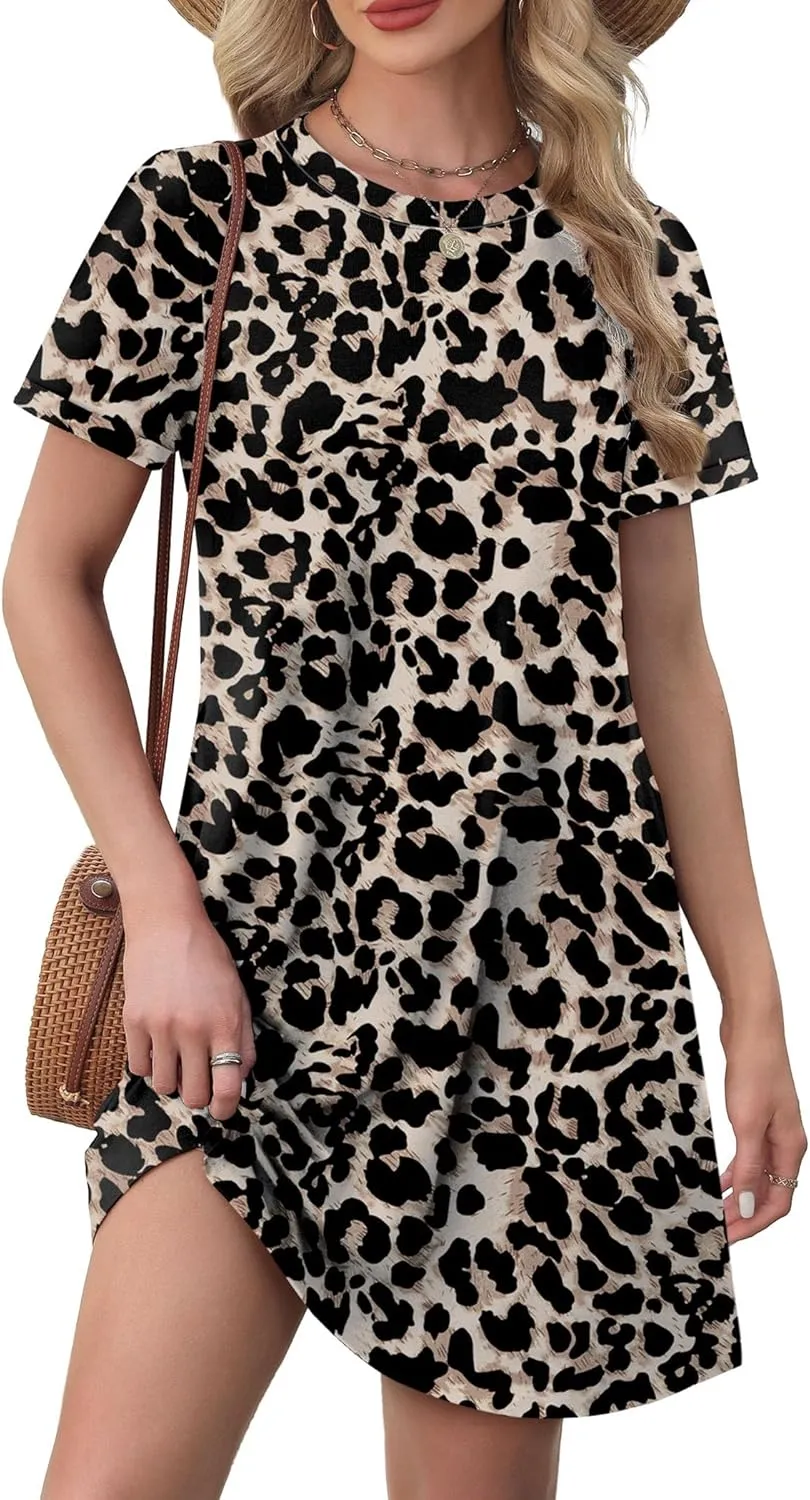 OFEEFAN Summer Dresses for Women 2025 Short Sleeve Casual T Shirt Dress Crewneck Sundresses Beach Vacation Coverup Pockets