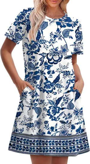 OFEEFAN Summer Dresses for Women 2025 Short Sleeve Casual T Shirt Dress Crewneck Sundresses Beach Vacation Coverup Pockets