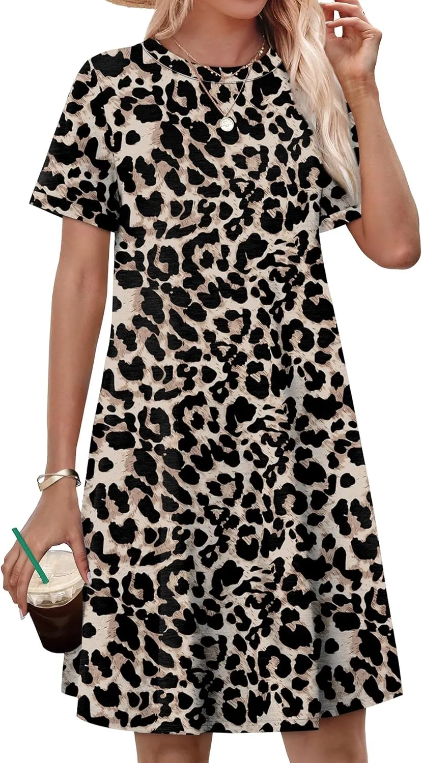 OFEEFAN Summer Dresses for Women 2025 Short Sleeve Casual T Shirt Dress Crewneck Sundresses Beach Vacation Coverup Pockets