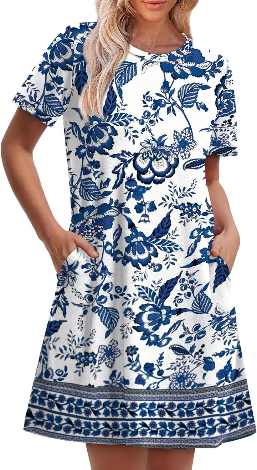 OFEEFAN Summer Dresses for Women 2025 Short Sleeve Casual T Shirt Dress Crewneck Sundresses Beach Vacation Coverup Pockets