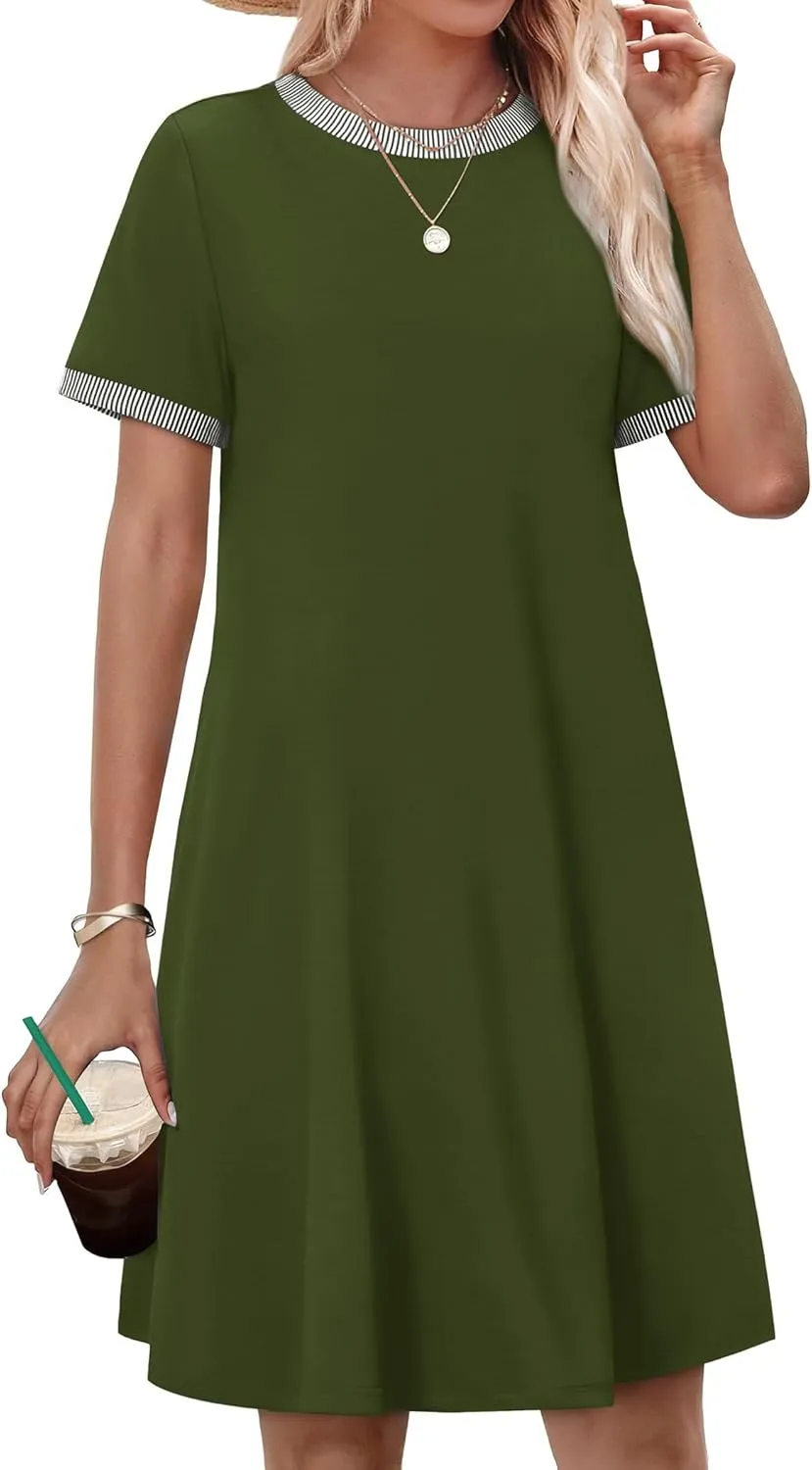 OFEEFAN Summer Dresses for Women 2025 Short Sleeve Casual T Shirt Dress Crewneck Sundresses Beach Vacation Coverup Pockets
