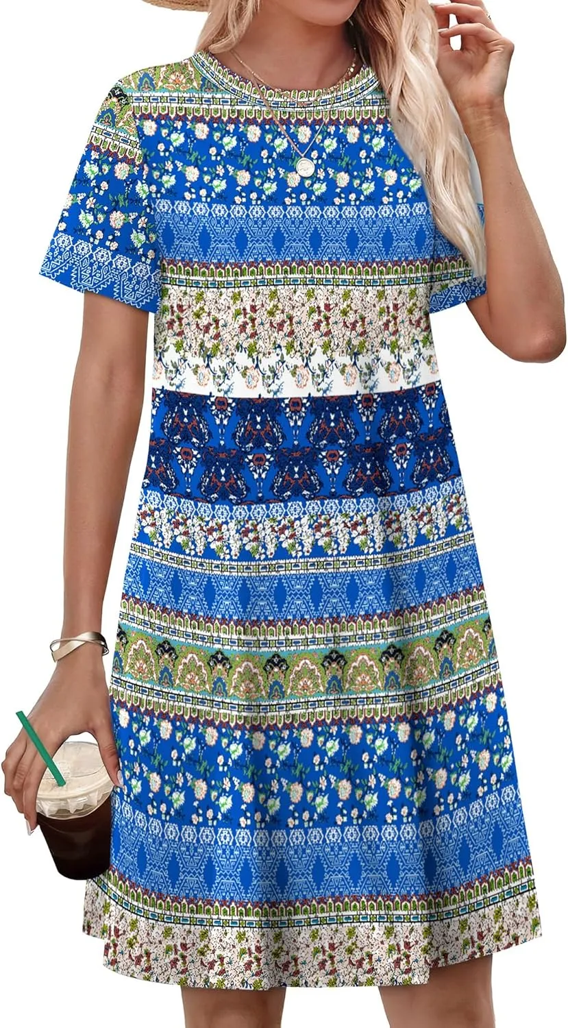 OFEEFAN Summer Dresses for Women 2025 Short Sleeve Casual T Shirt Dress Crewneck Sundresses Beach Vacation Coverup Pockets