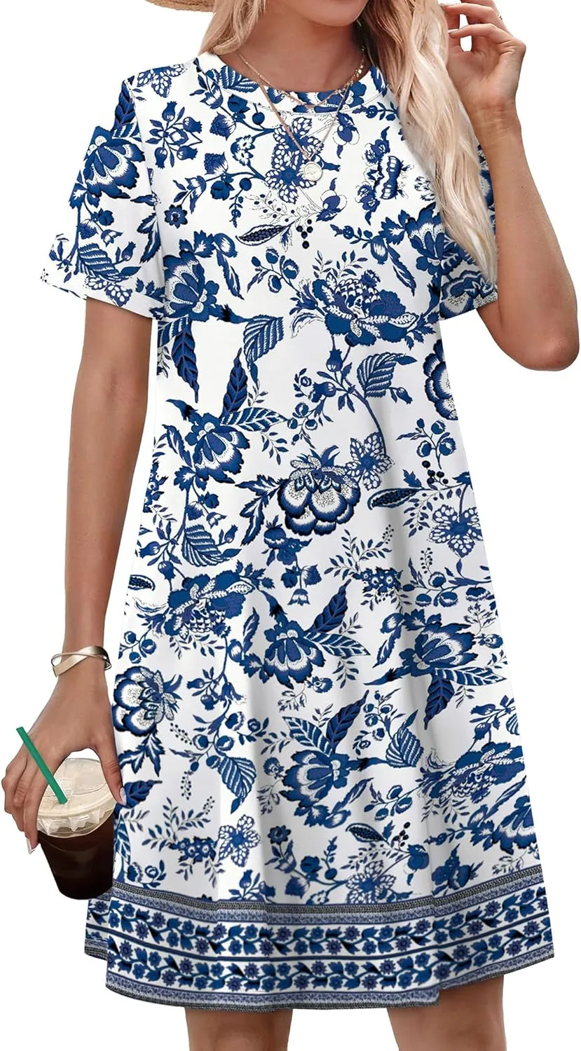 OFEEFAN Summer Dresses for Women 2025 Short Sleeve Casual T Shirt Dress Crewneck Sundresses Beach Vacation Coverup Pockets