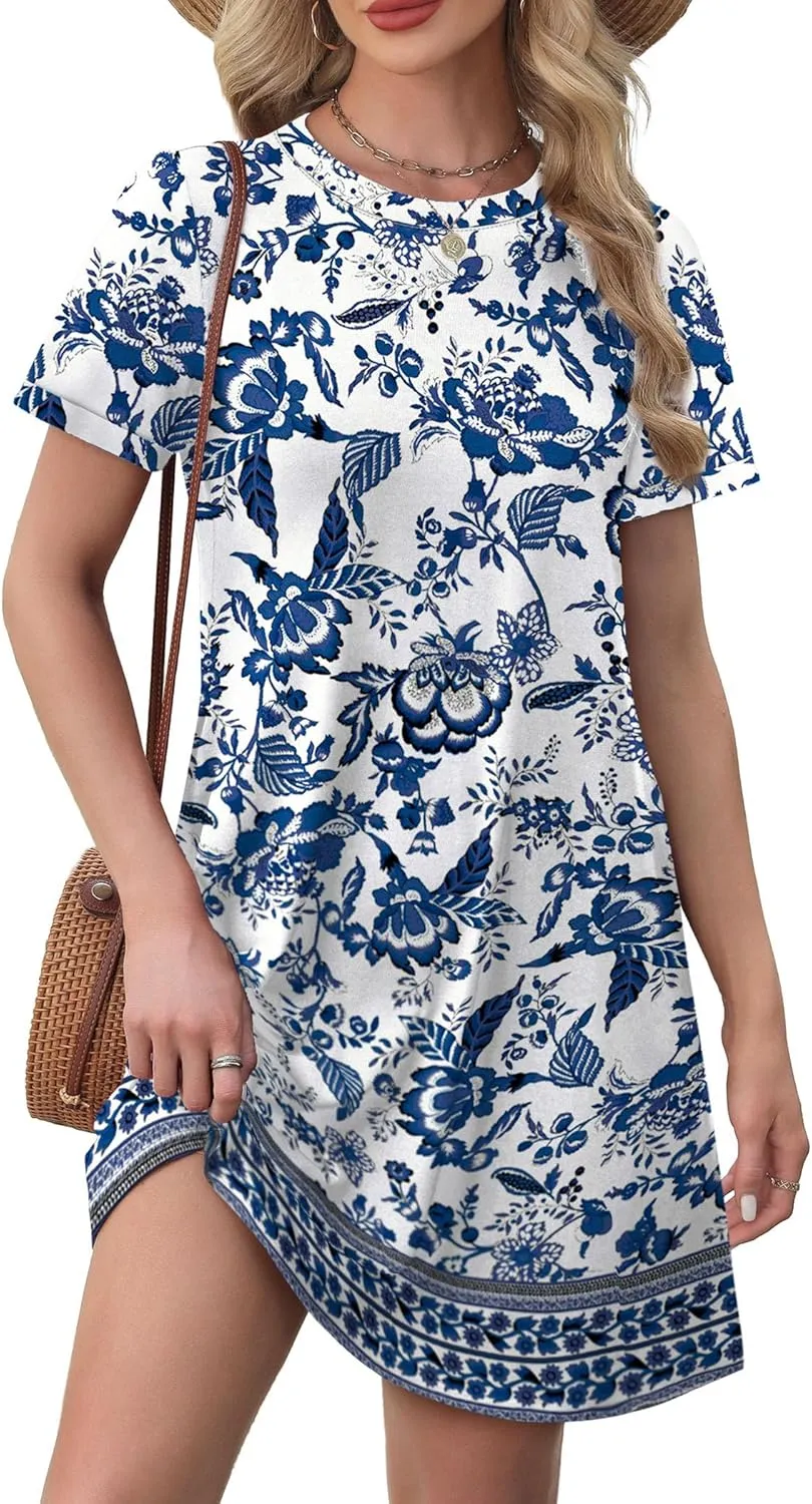 OFEEFAN Summer Dresses for Women 2025 Short Sleeve Casual T Shirt Dress Crewneck Sundresses Beach Vacation Coverup Pockets