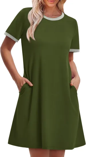OFEEFAN Summer Dresses for Women 2025 Short Sleeve Casual T Shirt Dress Crewneck Sundresses Beach Vacation Coverup Pockets