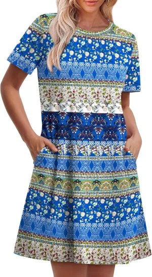 OFEEFAN Summer Dresses for Women 2025 Short Sleeve Casual T Shirt Dress Crewneck Sundresses Beach Vacation Coverup Pockets