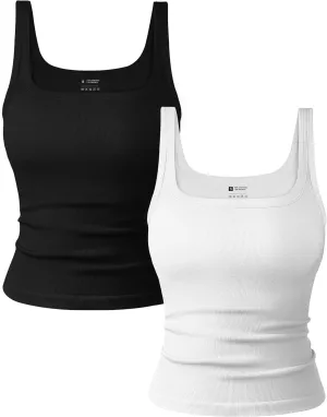 OLCHEE Womens 2PK Square Neck Tank Tops Seamless Ribbed Trendy Going Out Basic Shirts 2025 Summer Slim Fit Cami