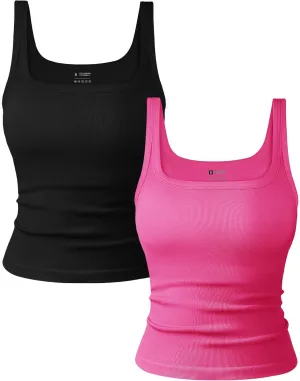 OLCHEE Womens 2PK Square Neck Tank Tops Seamless Ribbed Trendy Going Out Basic Shirts 2025 Summer Slim Fit Cami