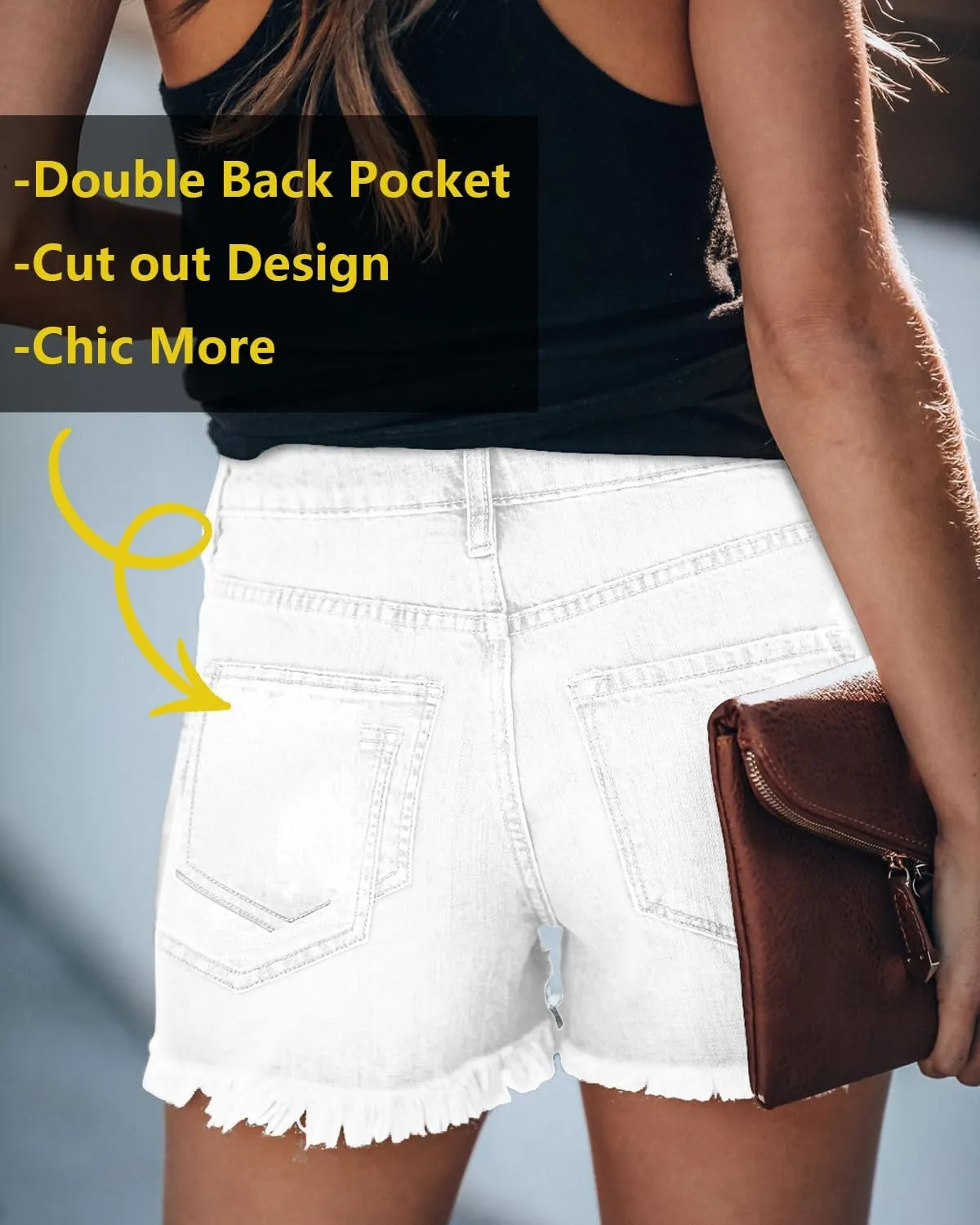 onlypuff Women's Ripped Mid Waisted Denim Shorts with Pockets