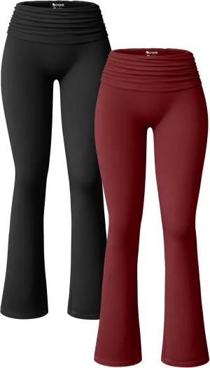 OQQ Women's 2 Piece Flared Pants Ribbed Fold Over Kick Ruched Stretch High Waist Casual Wide Leg