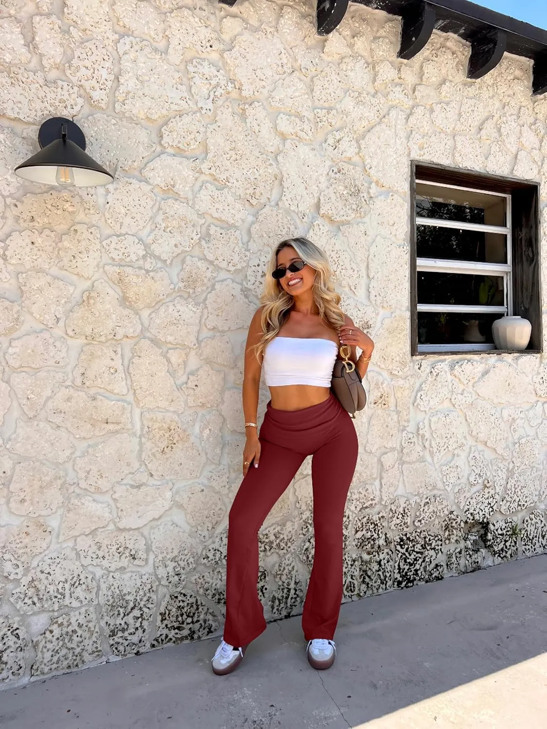 OQQ Women's 2 Piece Flared Pants Ribbed Fold Over Kick Ruched Stretch High Waist Casual Wide Leg