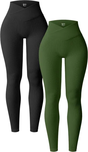 OQQ Women's 2 Piece Yoga Leggings Ribbed Seamless Workout High Waist Cross Over Athletic Exercise Leggings