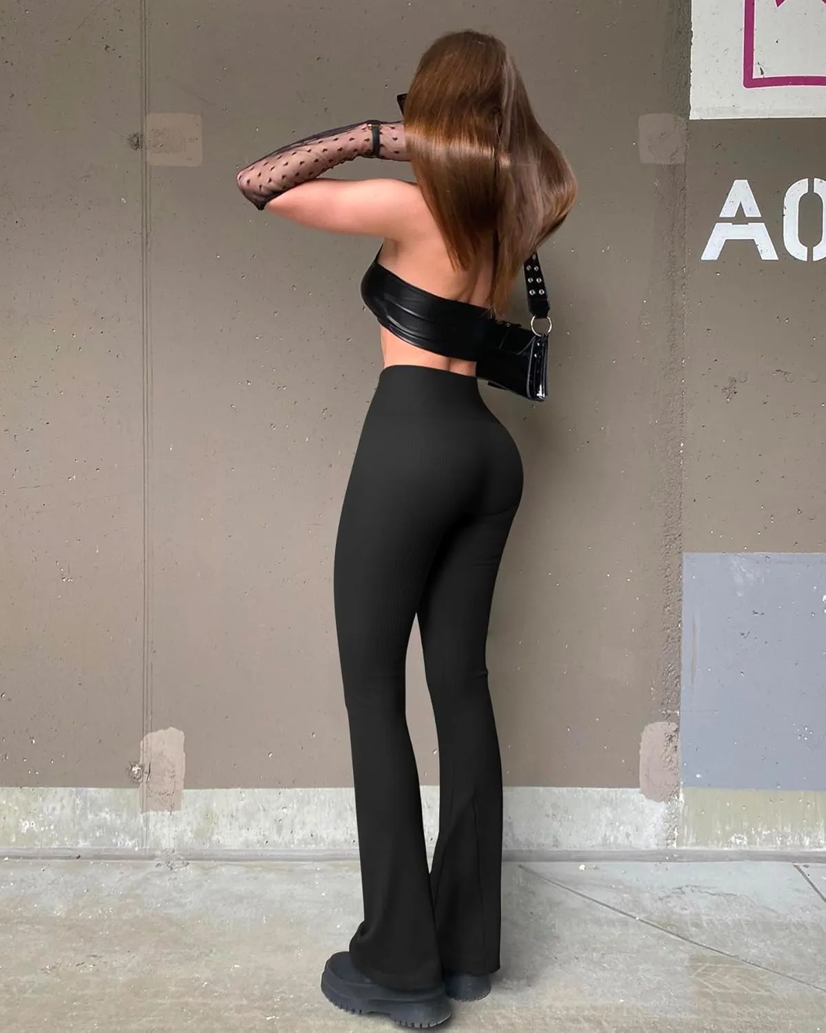 OQQ Women's 2 Piece Yoga Pants Ribbed Seamless Workout High Waist Cross Over Bell Bottoms Exercise Flare Leggings