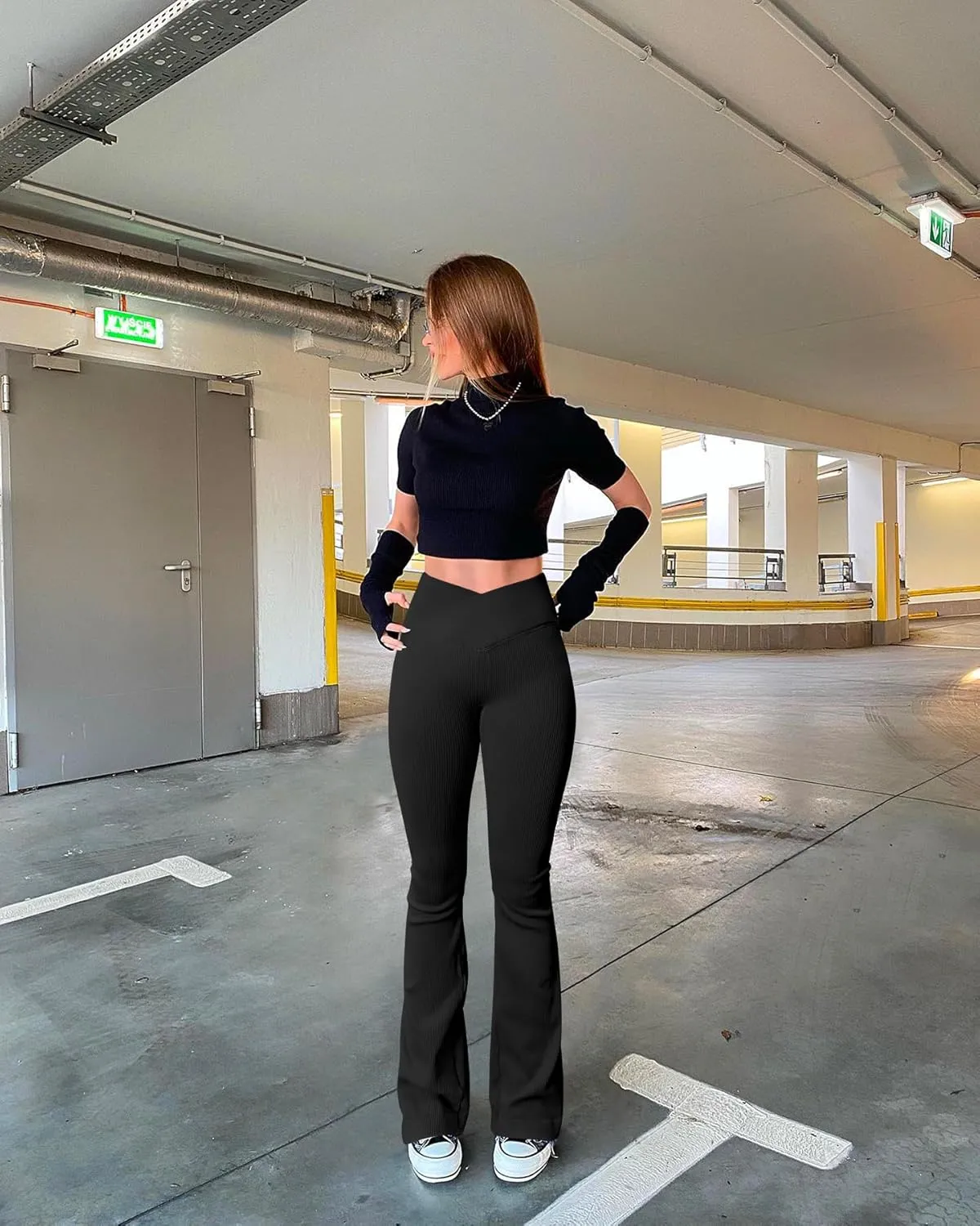 OQQ Women's 2 Piece Yoga Pants Ribbed Seamless Workout High Waist Cross Over Bell Bottoms Exercise Flare Leggings