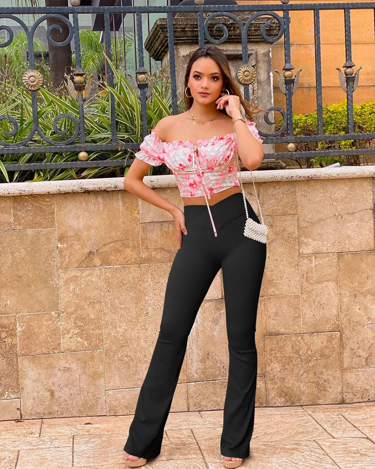OQQ Women's 2 Piece Yoga Pants Ribbed Seamless Workout High Waist Cross Over Bell Bottoms Exercise Flare Leggings