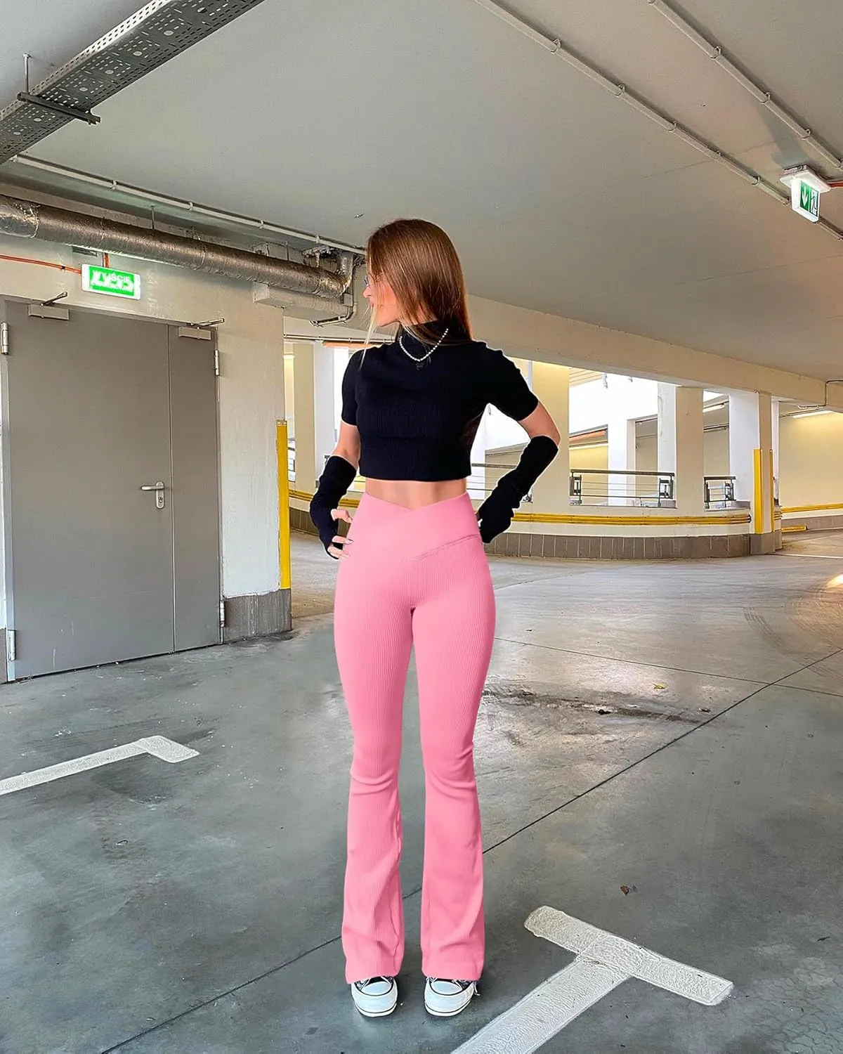 OQQ Women's 2 Piece Yoga Pants Ribbed Seamless Workout High Waist Cross Over Bell Bottoms Exercise Flare Leggings