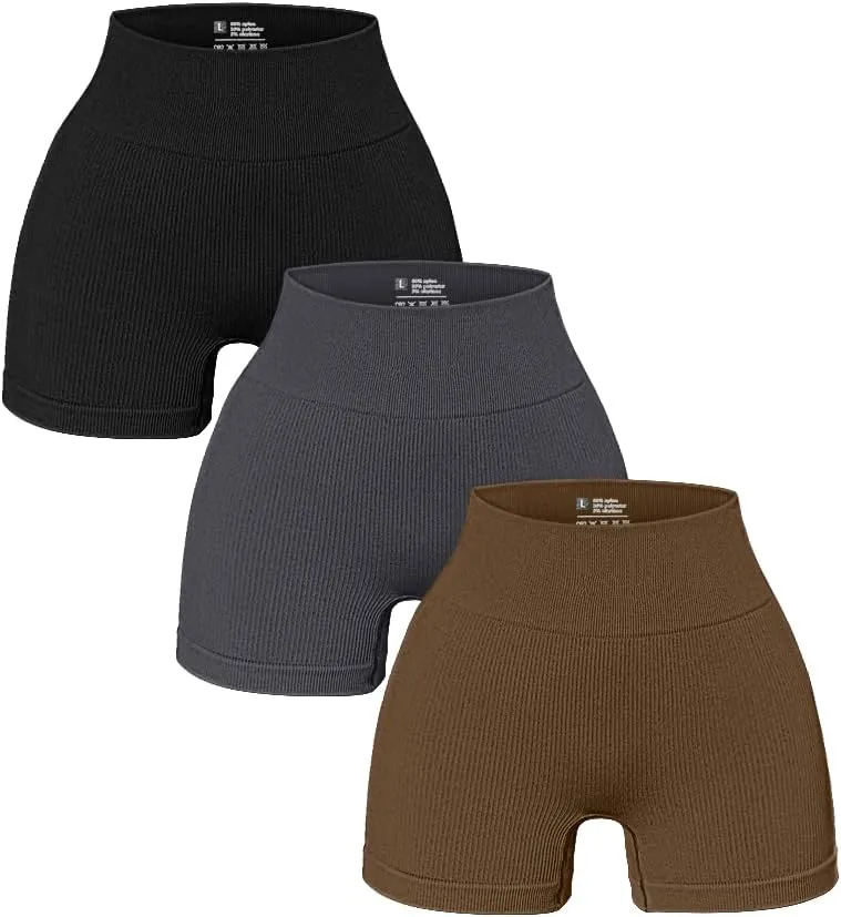 OQQ Women's 3 Piece Yoga Ribbed Seamless Workout High Waist Athletic Legging Shorts