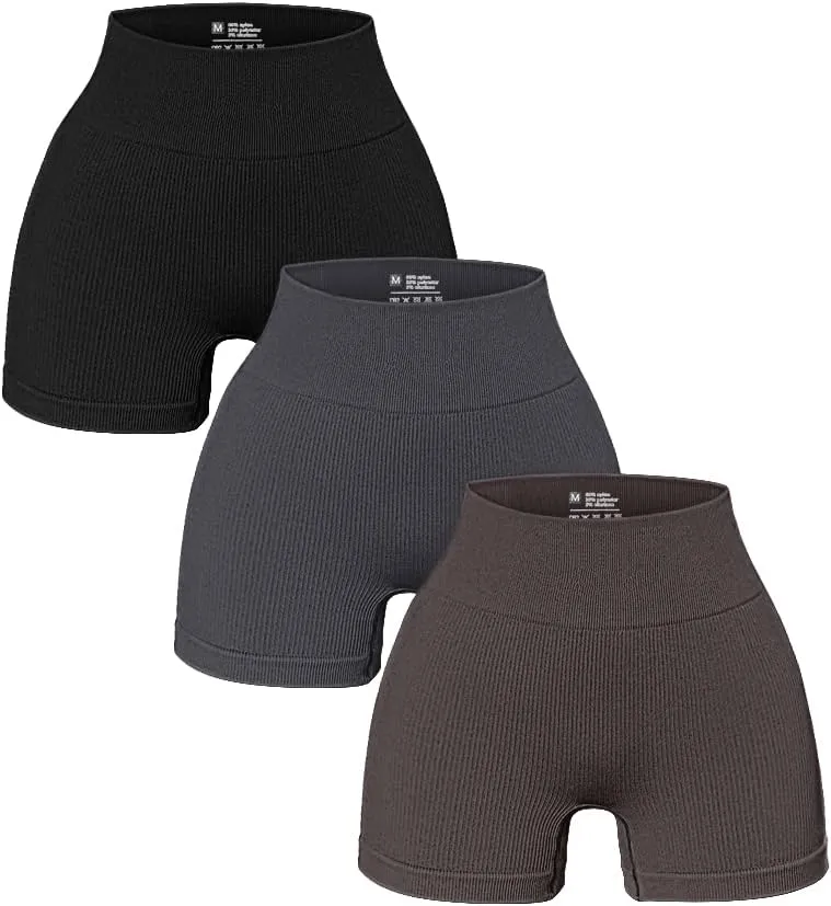 OQQ Women's 3 Piece Yoga Ribbed Seamless Workout High Waist Athletic Legging Shorts