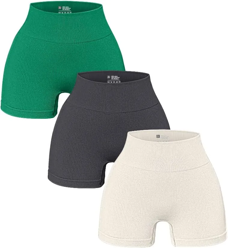 OQQ Women's 3 Piece Yoga Ribbed Seamless Workout High Waist Athletic Legging Shorts