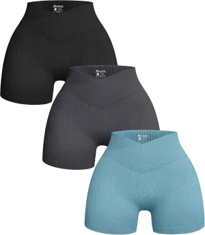 OQQ Women's 3 Piece Yoga Shorts Ribbed Seamless Workout High Waist Cross Over Athletic Leggings