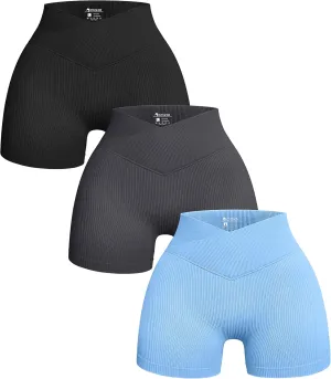 OQQ Women's 3 Piece Yoga Shorts Ribbed Seamless Workout High Waist Cross Over Athletic Leggings