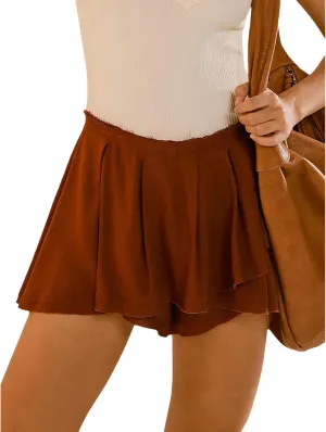 Owl's-Yard Women's Summer Mini Skort Solid Color Mid-Rise Asymmetrical Ruffle Skirt with Lined Shorts
