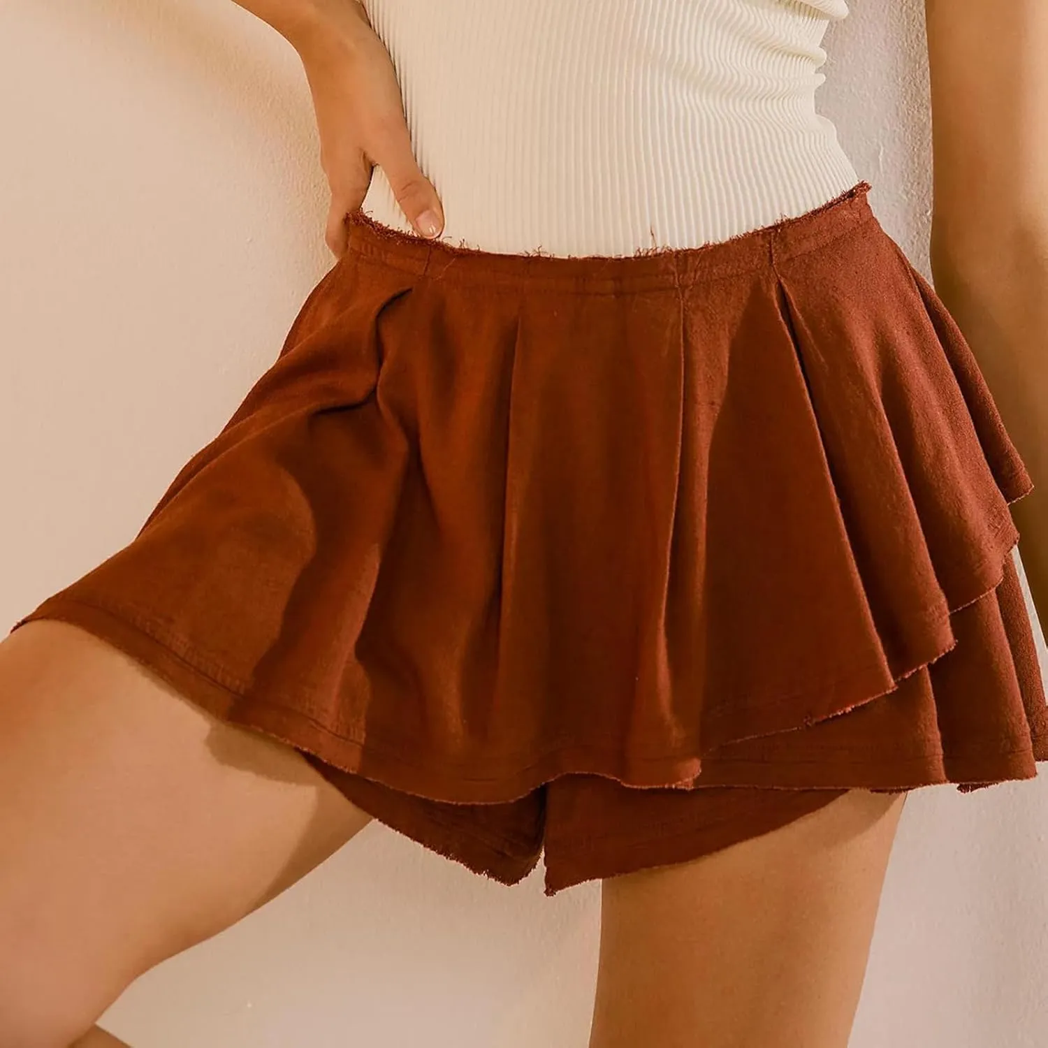 Owl's-Yard Women's Summer Mini Skort Solid Color Mid-Rise Asymmetrical Ruffle Skirt with Lined Shorts