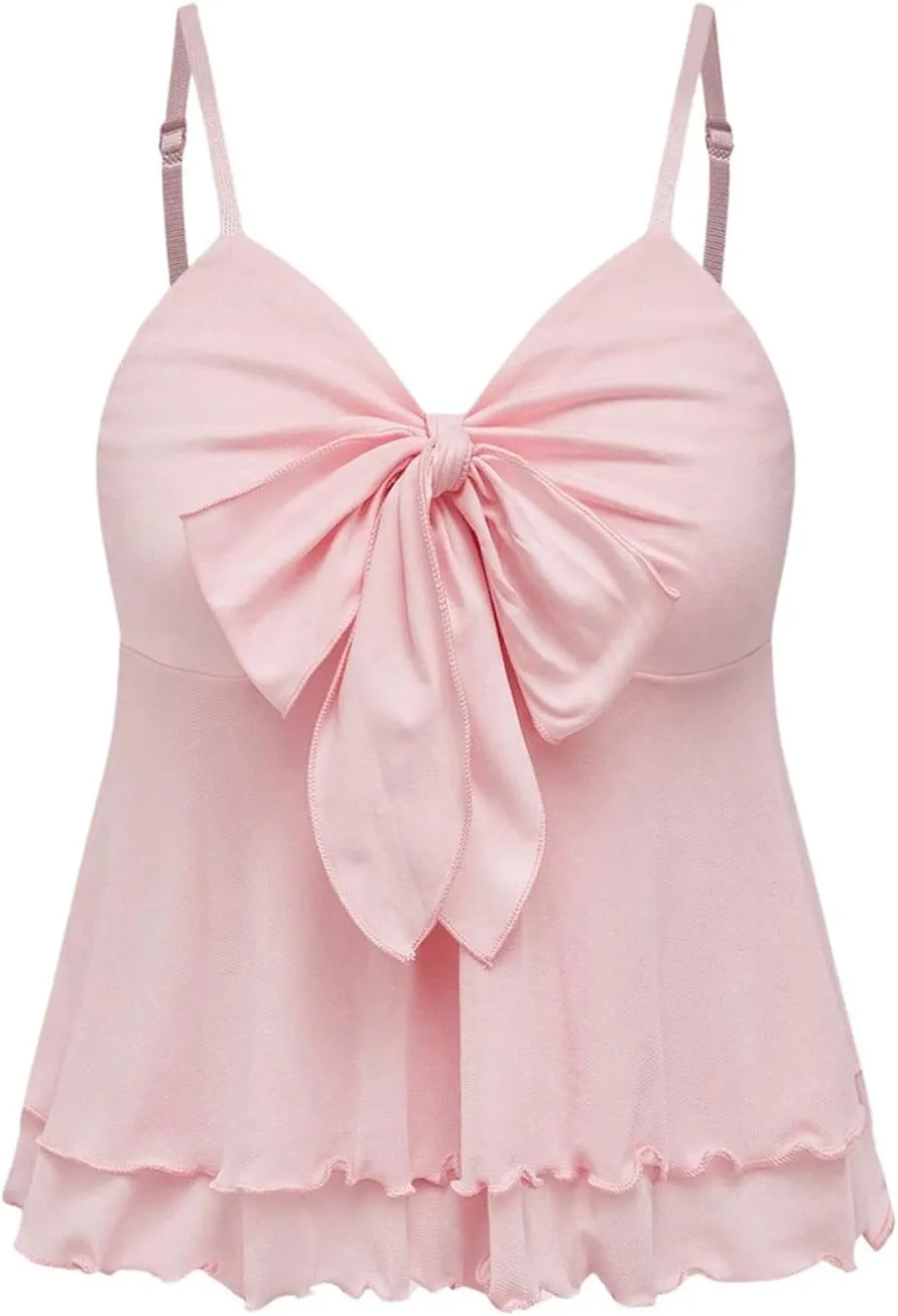 OYOANGLE Women's Bow Knot Sleeveless V Neck Cami Tops Spaghetti Strap Summer Flowy Camisole