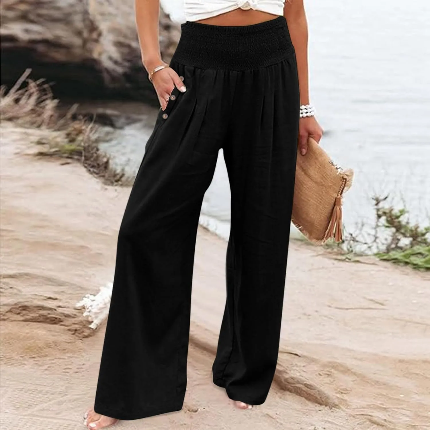 Palazzo Pants for Women Cotton Linen Wide Leg Lounge Pants Plus Size Elastic High Waisted Work Pants with Pockets