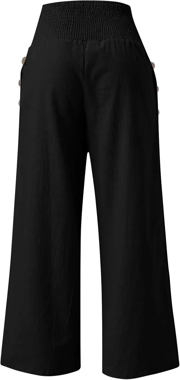 Palazzo Pants for Women Cotton Linen Wide Leg Lounge Pants Plus Size Elastic High Waisted Work Pants with Pockets