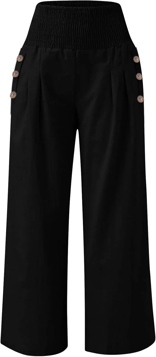 Palazzo Pants for Women Cotton Linen Wide Leg Lounge Pants Plus Size Elastic High Waisted Work Pants with Pockets
