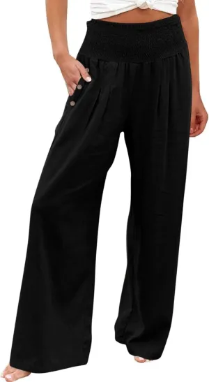 Palazzo Pants for Women Cotton Linen Wide Leg Lounge Pants Plus Size Elastic High Waisted Work Pants with Pockets
