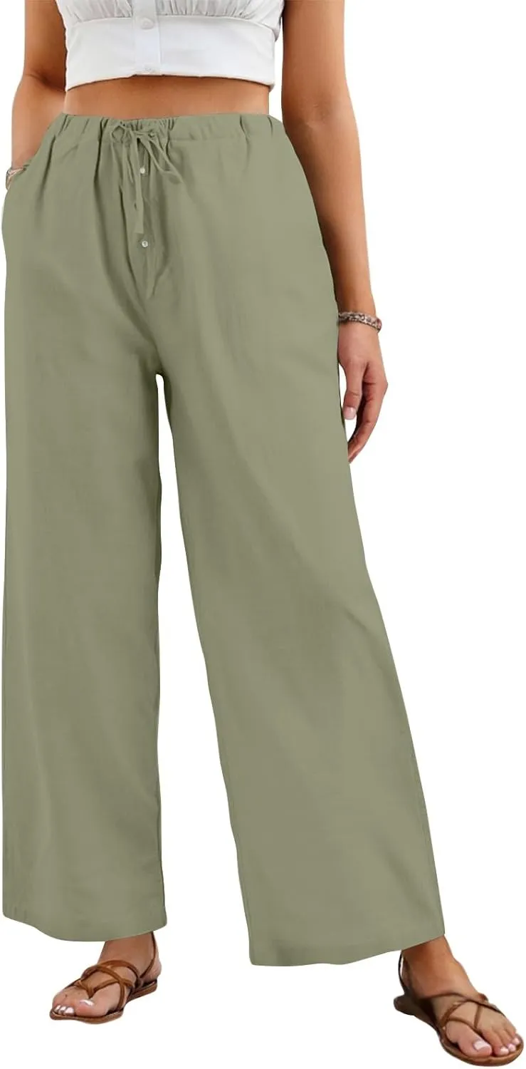 Palazzo Pants for Women Dressy Linen High Waisted Summer Loose Pants Drawstring Button Down Pocket Solid Baggy Trouser