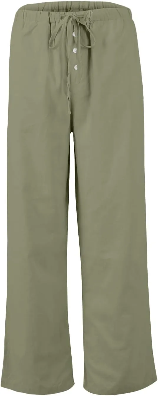 Palazzo Pants for Women Dressy Linen High Waisted Summer Loose Pants Drawstring Button Down Pocket Solid Baggy Trouser
