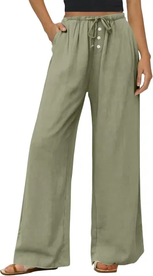 Palazzo Pants for Women Dressy Linen High Waisted Summer Loose Pants Drawstring Button Down Pocket Solid Baggy Trouser