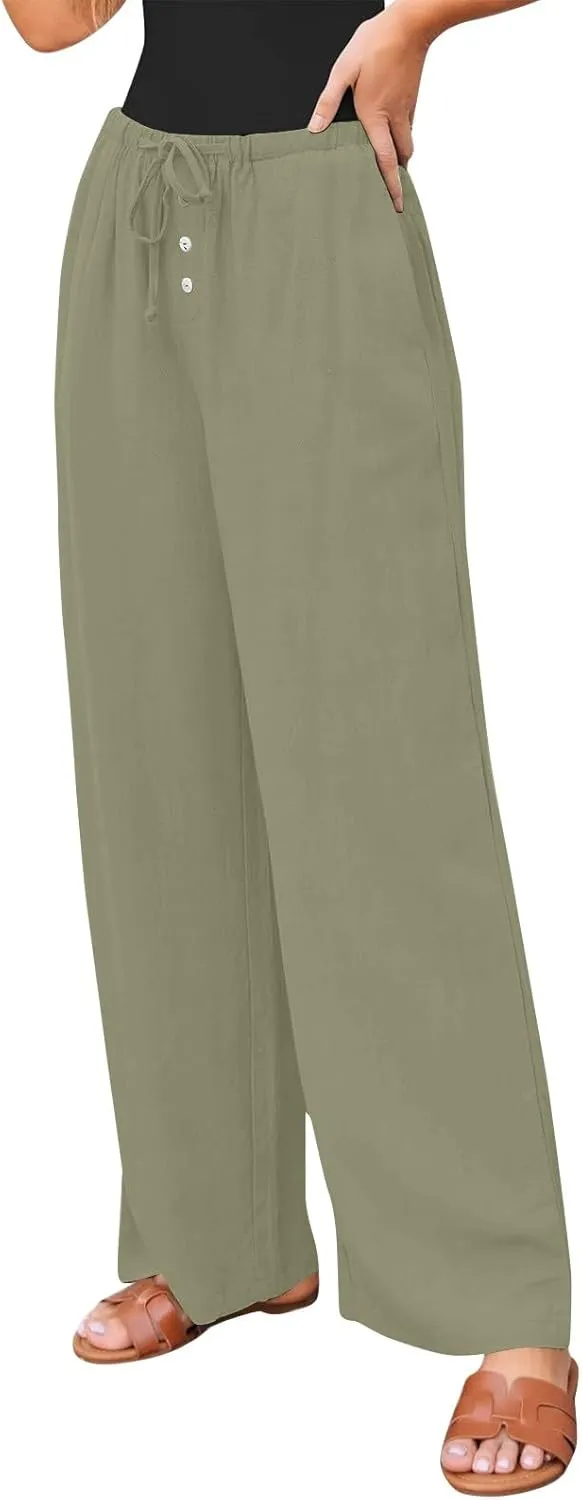 Palazzo Pants for Women Dressy Linen High Waisted Summer Loose Pants Drawstring Button Down Pocket Solid Baggy Trouser