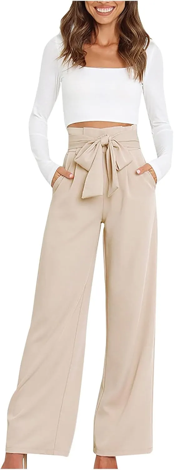 Paper Bag Pants Women High Waist Summer Casual Wide Leg Palazzo Pant Elegant Belted Long Trousers with Pockets