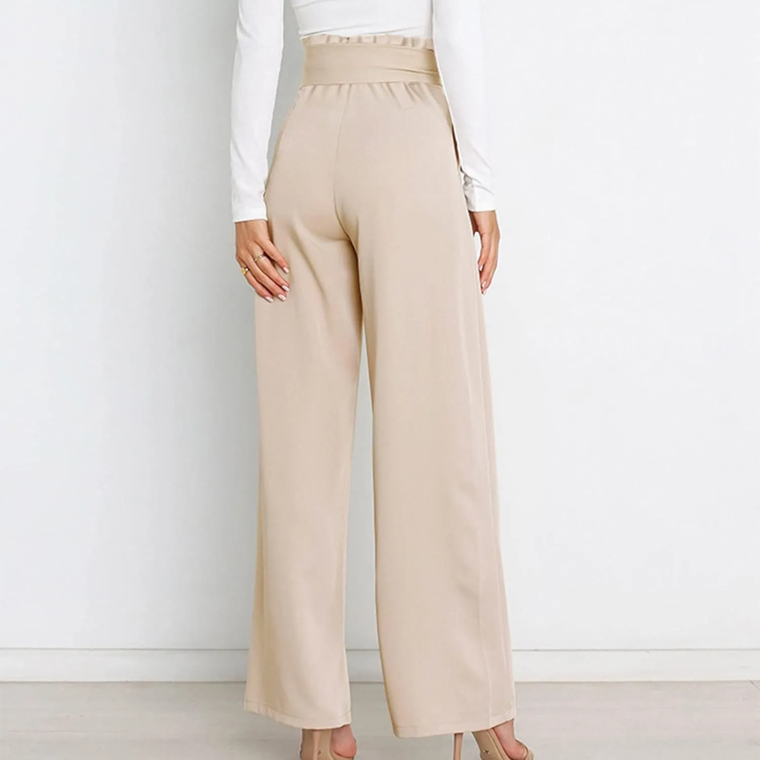 Paper Bag Pants Women High Waist Summer Casual Wide Leg Palazzo Pant Elegant Belted Long Trousers with Pockets