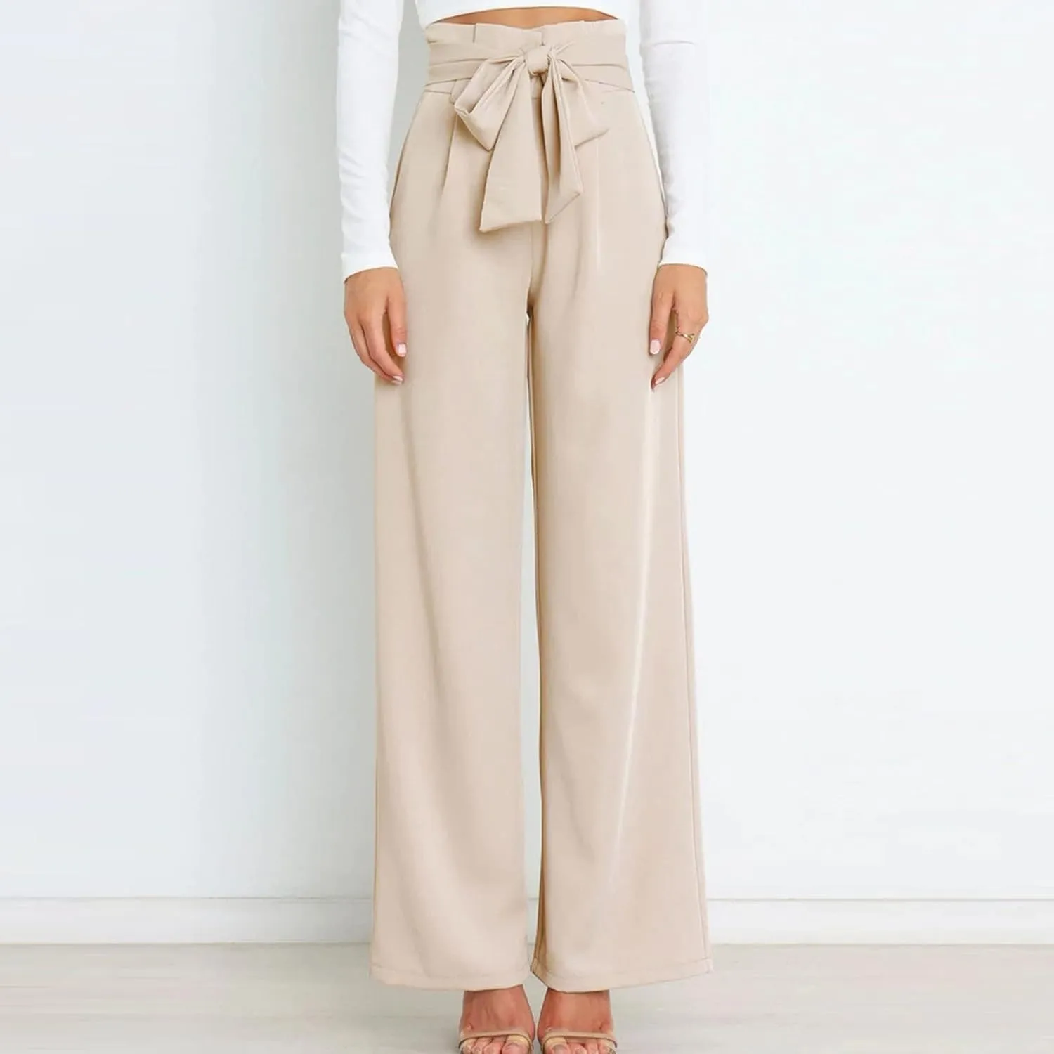 Paper Bag Pants Women High Waist Summer Casual Wide Leg Palazzo Pant Elegant Belted Long Trousers with Pockets