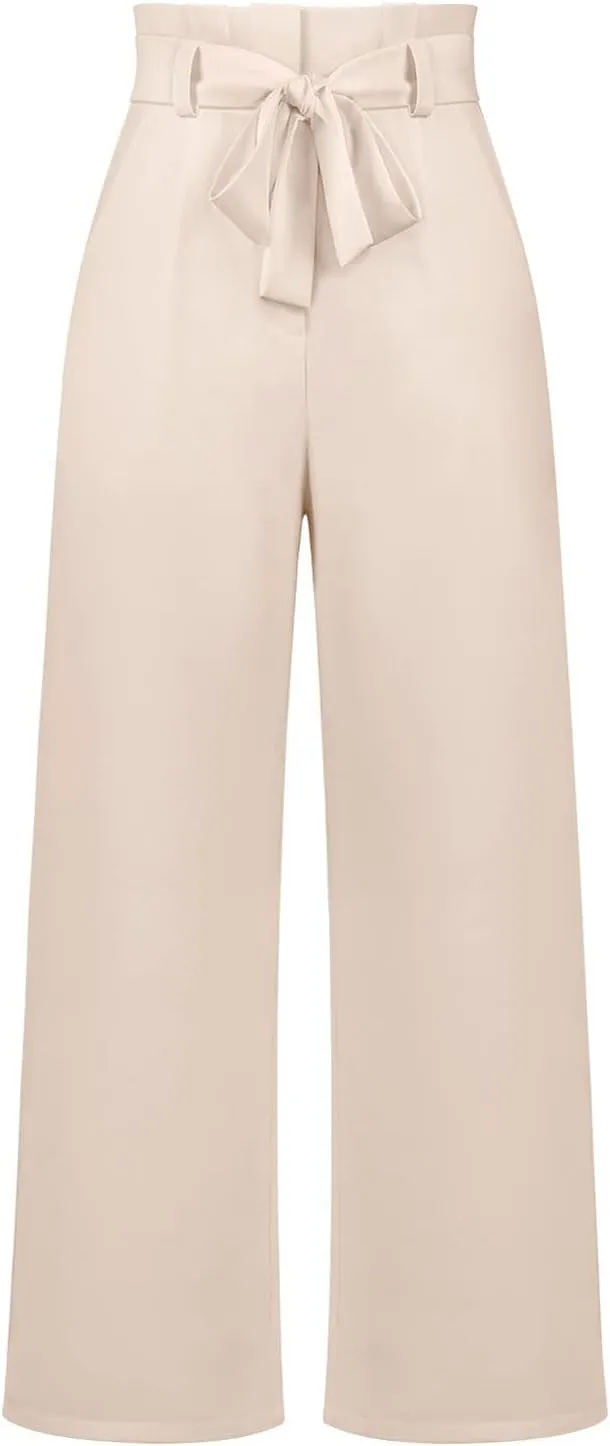 Paper Bag Pants Women High Waist Summer Casual Wide Leg Palazzo Pant Elegant Belted Long Trousers with Pockets