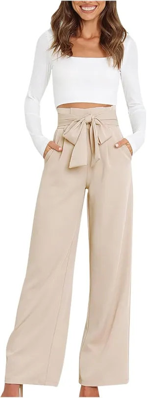 Paper Bag Pants Women High Waist Summer Casual Wide Leg Palazzo Pant Elegant Belted Long Trousers with Pockets
