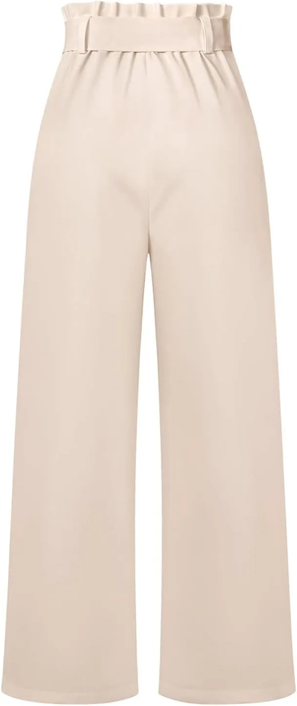 Paper Bag Pants Women High Waist Summer Casual Wide Leg Palazzo Pant Elegant Belted Long Trousers with Pockets