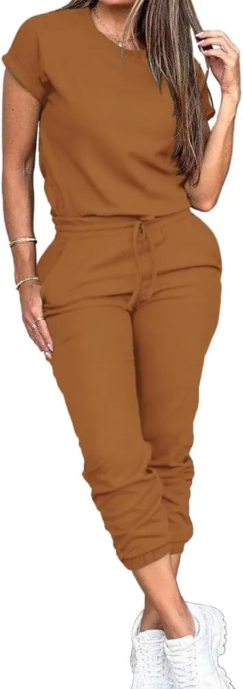 PINSV Women's 2 Piece Outfits Tracksuit Sets Short Sleeve Tops Jogger Pants with Pockets