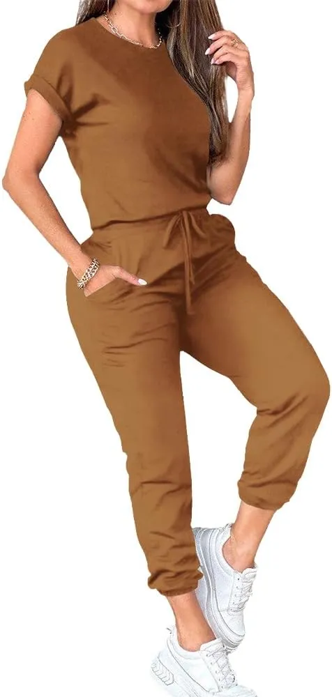 PINSV Women's 2 Piece Outfits Tracksuit Sets Short Sleeve Tops Jogger Pants with Pockets