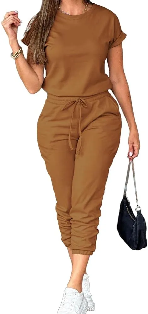 PINSV Women's 2 Piece Outfits Tracksuit Sets Short Sleeve Tops Jogger Pants with Pockets