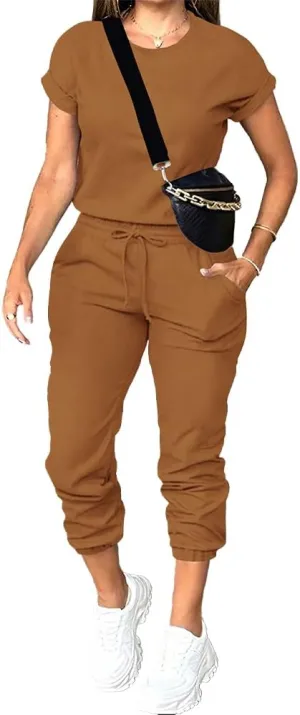 PINSV Women's 2 Piece Outfits Tracksuit Sets Short Sleeve Tops Jogger Pants with Pockets