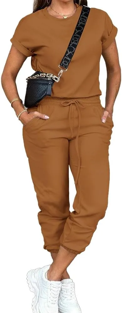 PINSV Women's 2 Piece Outfits Tracksuit Sets Short Sleeve Tops Jogger Pants with Pockets