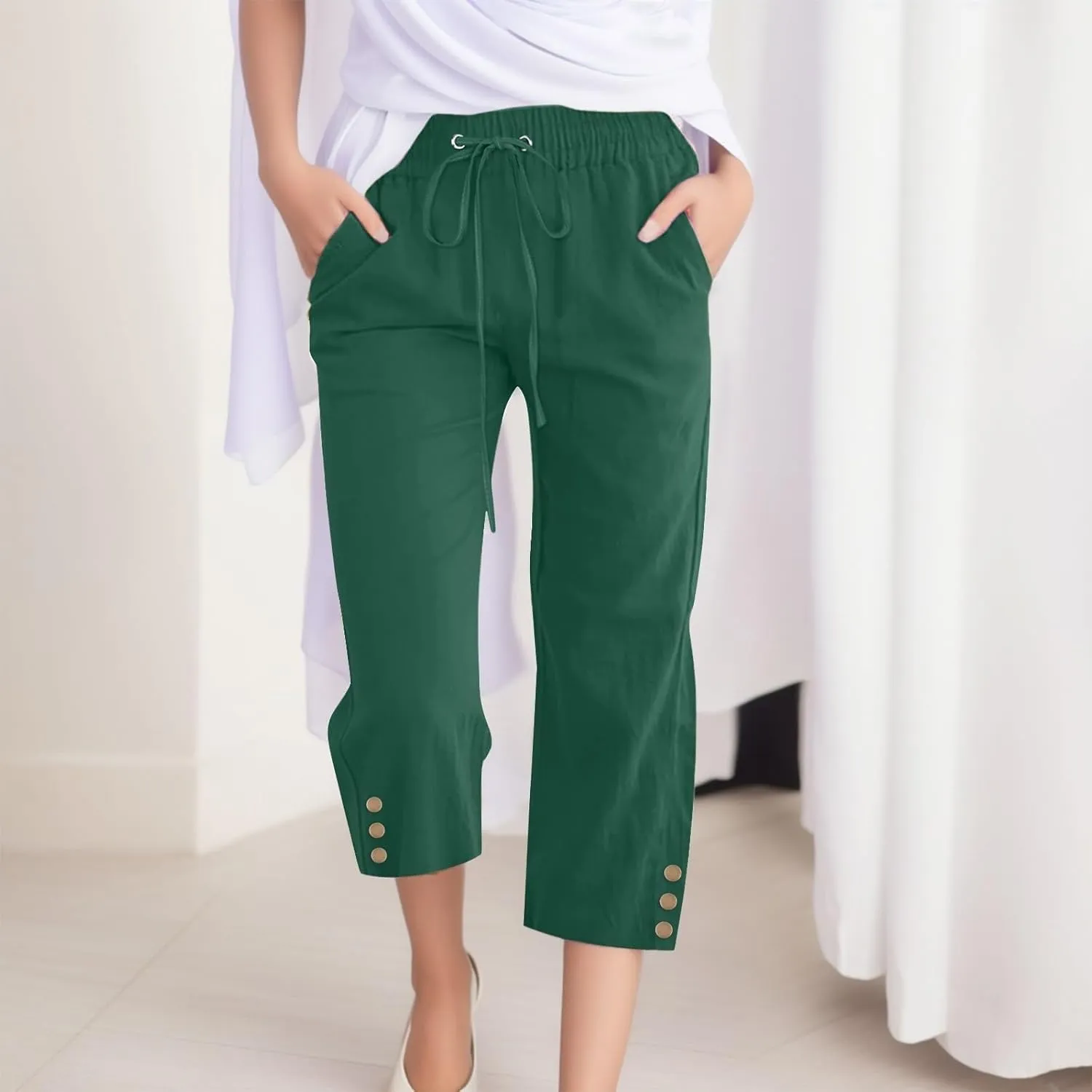 Plus Size Capri Pants for Women Casual 2025 Summer Cotton Linen Pants Drawstring High Waisted Capris with Pockets