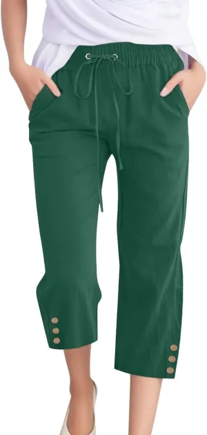 Plus Size Capri Pants for Women Casual 2025 Summer Cotton Linen Pants Drawstring High Waisted Capris with Pockets