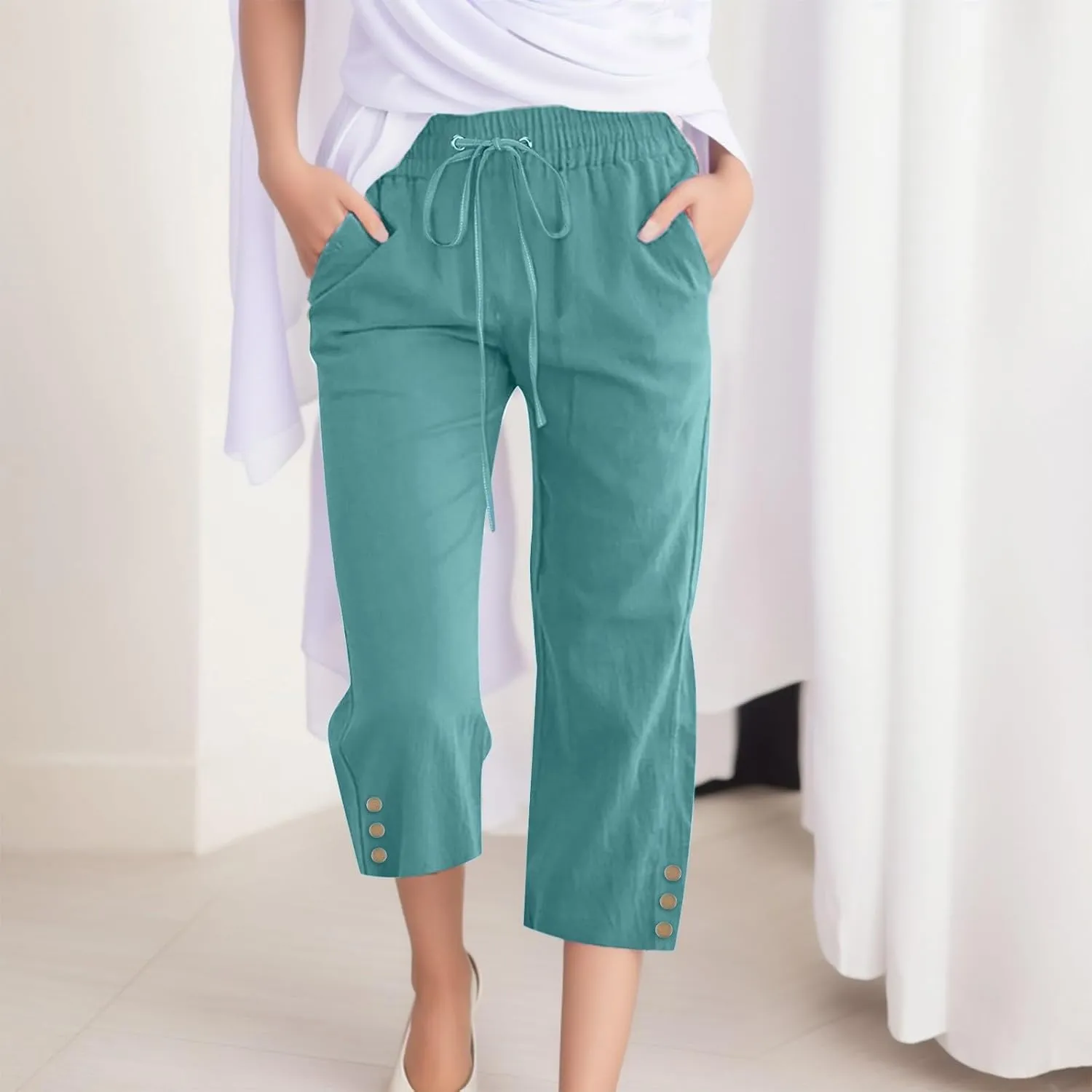 Plus Size Capri Pants for Women Casual 2025 Summer Cotton Linen Pants Drawstring High Waisted Capris with Pockets